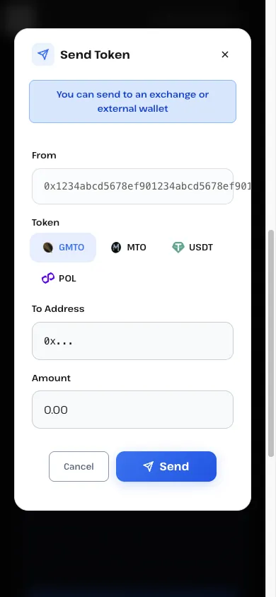 Meteon GarageのSend Tokenダイアログ。From(自分のアドレス)、Token(GMTO/MTO/USDT/POL)、To Address、Amountの入力欄とSendボタン