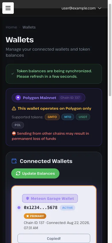 Meteon GarageのWallets画面。Polygon Mainnet(Chain ID 137)の注意書きの下にGarage Walletのアドレスがあり、Copyを押すと「Copied!」と表示される