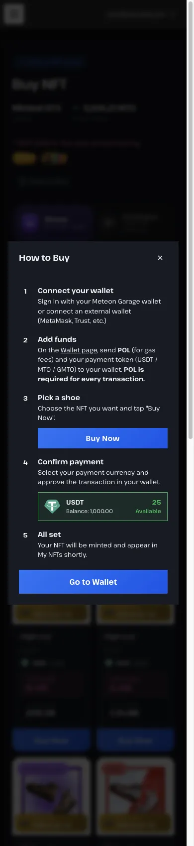 Meteon GarageのHow to Buyモーダル。Connect your wallet・Add funds・Pick a shoe・Confirm payment・All setの5ステップ