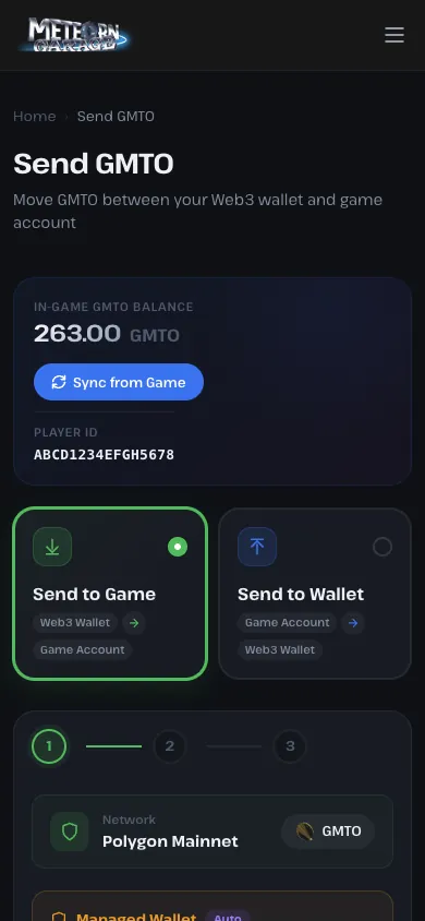 Meteon GarageのSend GMTO画面上部。IN-GAME GMTO BALANCE・Sync from Game・Send to Game / Send to Walletの選択