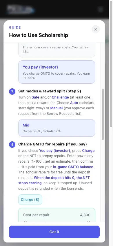 Meteon Garage Scholarship How to Use。Set modes & reward splitとCharge GMTO for repairs