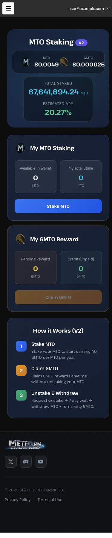 Meteon GarageのMTO Staking V2画面。TOTAL STAKED・ESTIMATED APY・My MTO Staking・My GMTO Reward